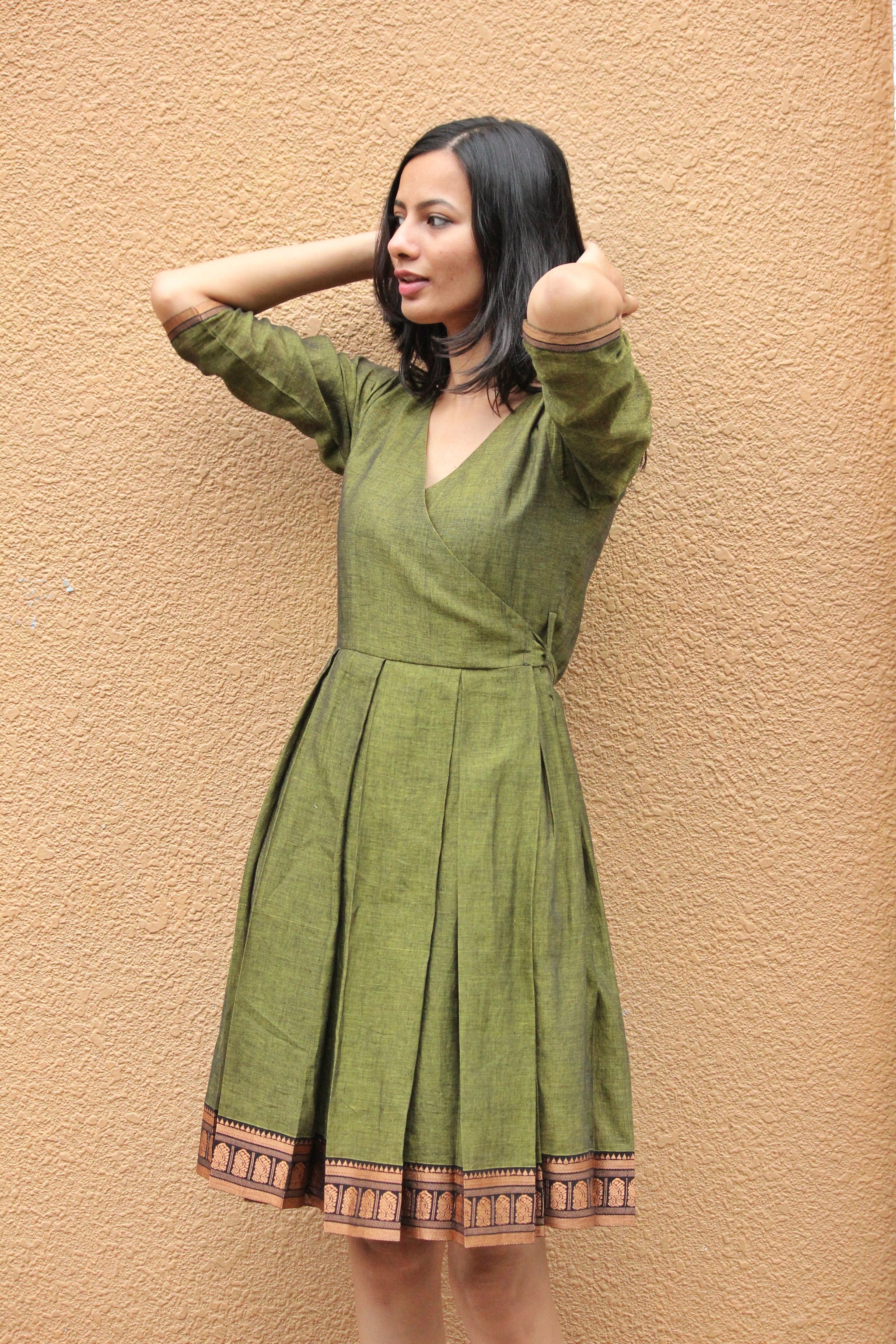 Olive Green Saree Wrap Dress - Mogra ...